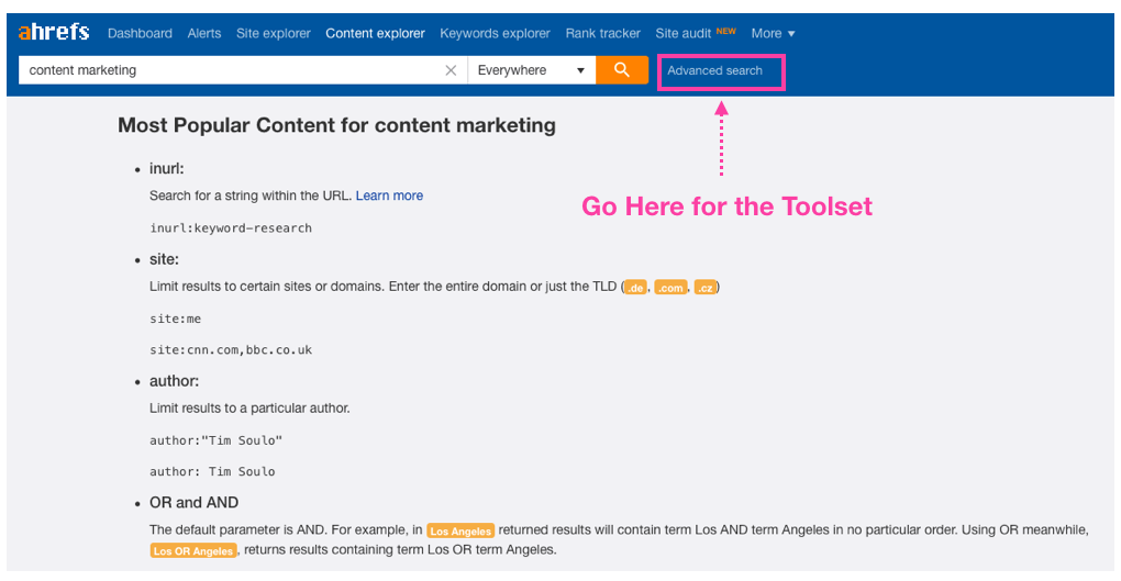 Ahrefs content explorer advanced search