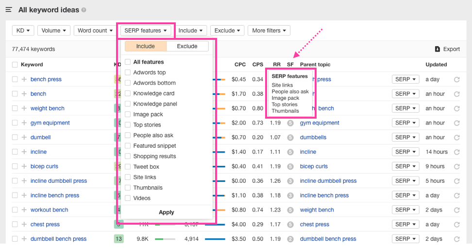 Ahrefs keywords explorer SERP Feature