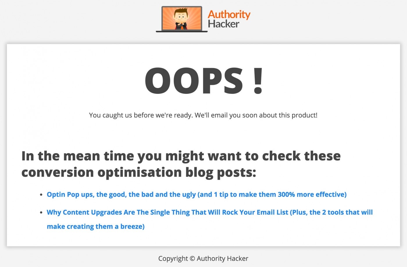 Oops_-_Authority_Hacker Oops page on Authority Hacker when testing product ideas.