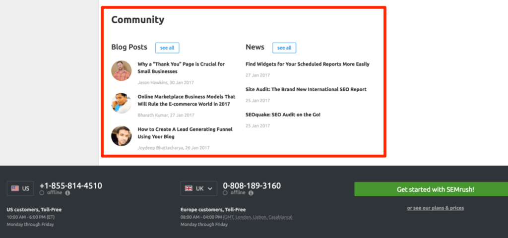 SEMRush Blog Posts and News links in the footer