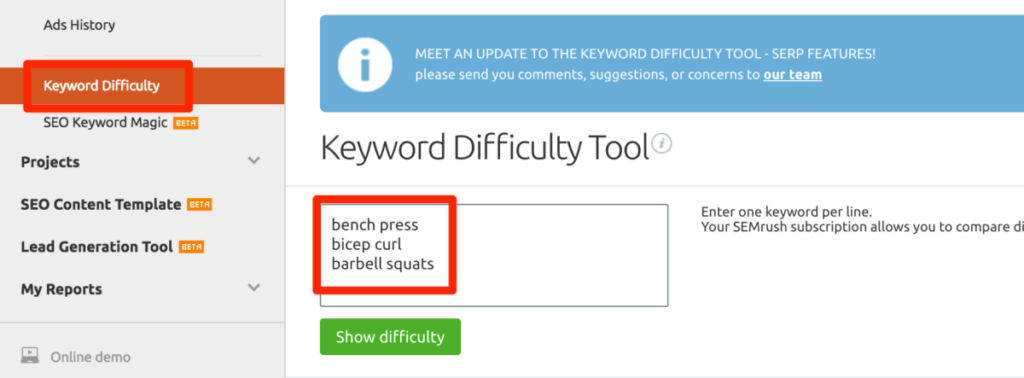 SEMRush Keyword Difficulty Tool