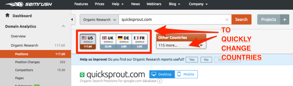 SEMRush organic search positions