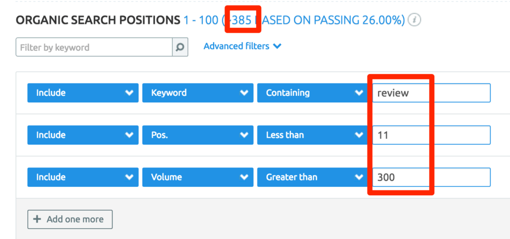 SEMRush Organic Search Positions Filtering Options