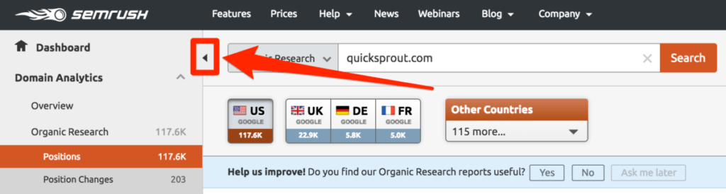 narrow keyword column in SEMRush