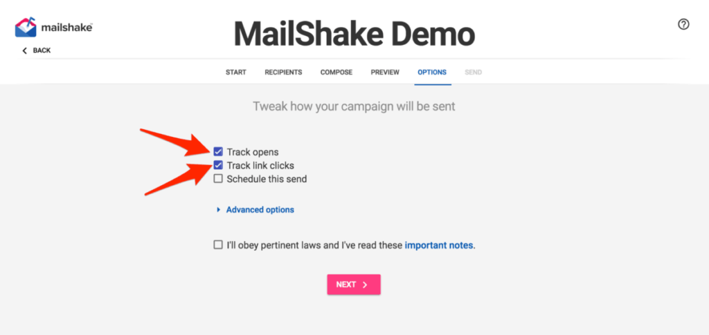 Mailshake Tracking Options