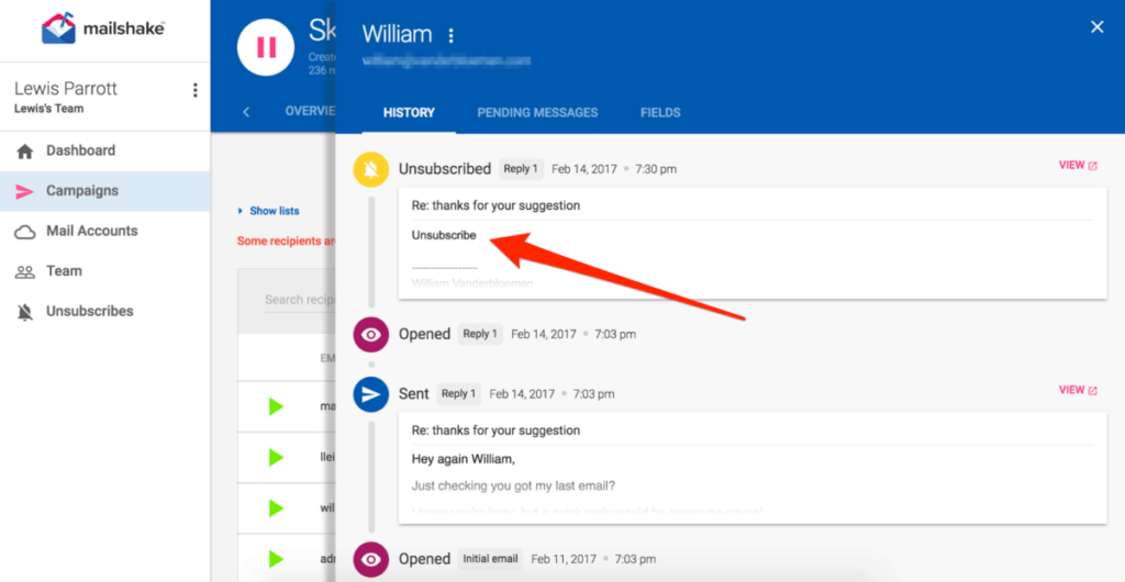 Mailshake Unsubscribes List History
