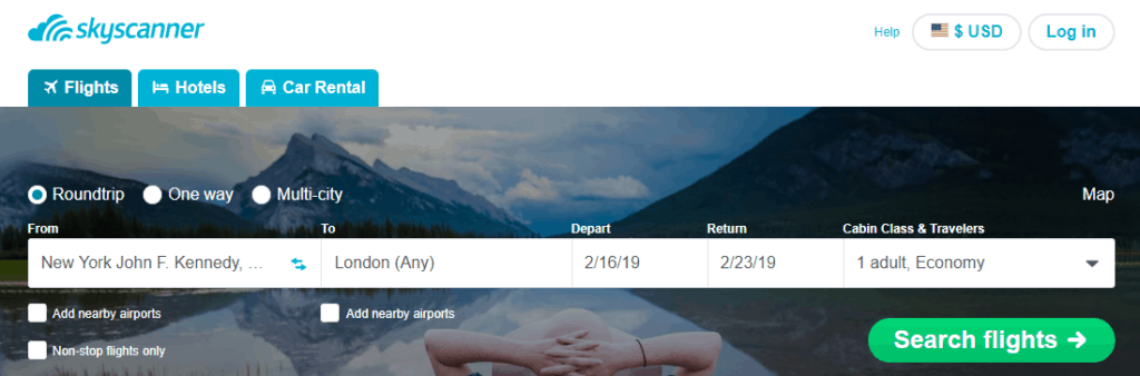 skyscanner homepage
