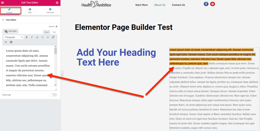 inline and sidebar text editing in Elementor
