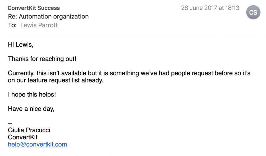 ConvertKit Support Email Example