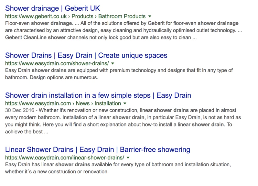 Shower drains – e-commerce results