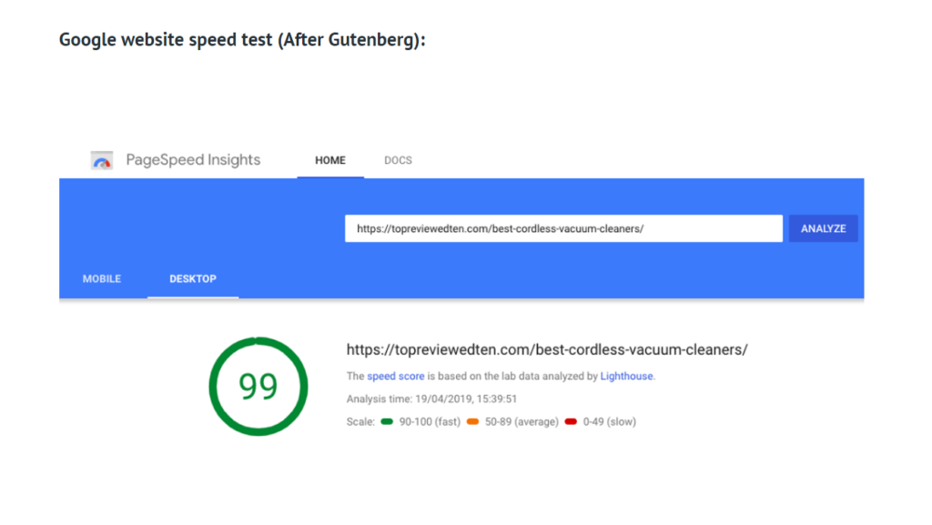 Google Website Speed Test After Gutenberg