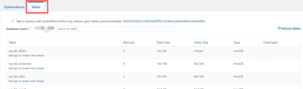 Wp Optimize Tables Settings