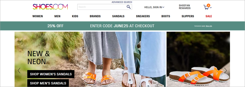 Shoes.com Homepage Screenshot