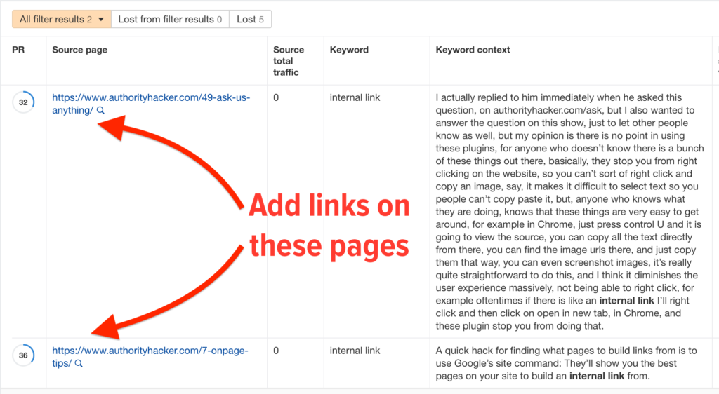 Ahrefs Internal Link Opportunities