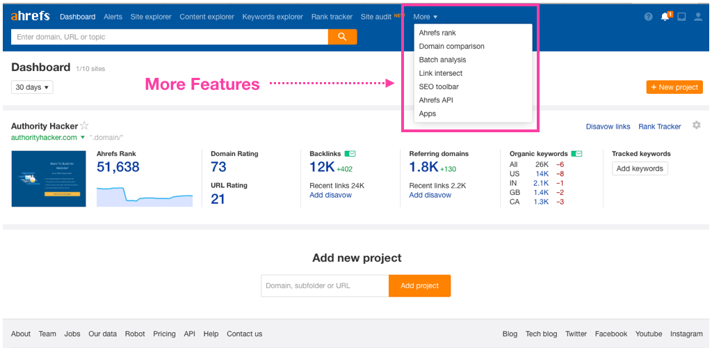 Ahrefs more features
