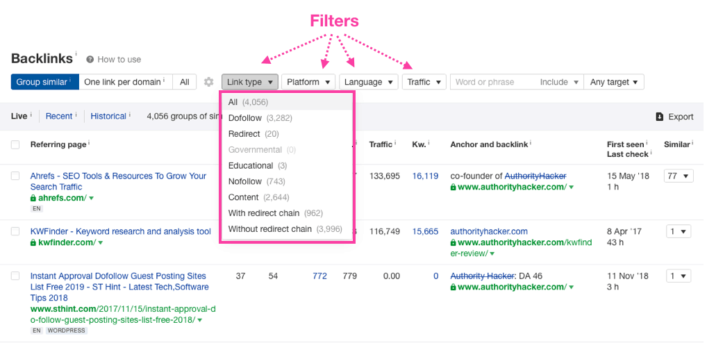 Ahrefs site explorer Link Filters