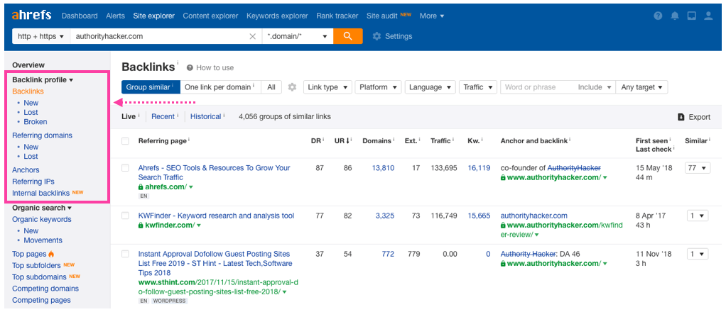 Ahrefs site explorer Backlinks Profile