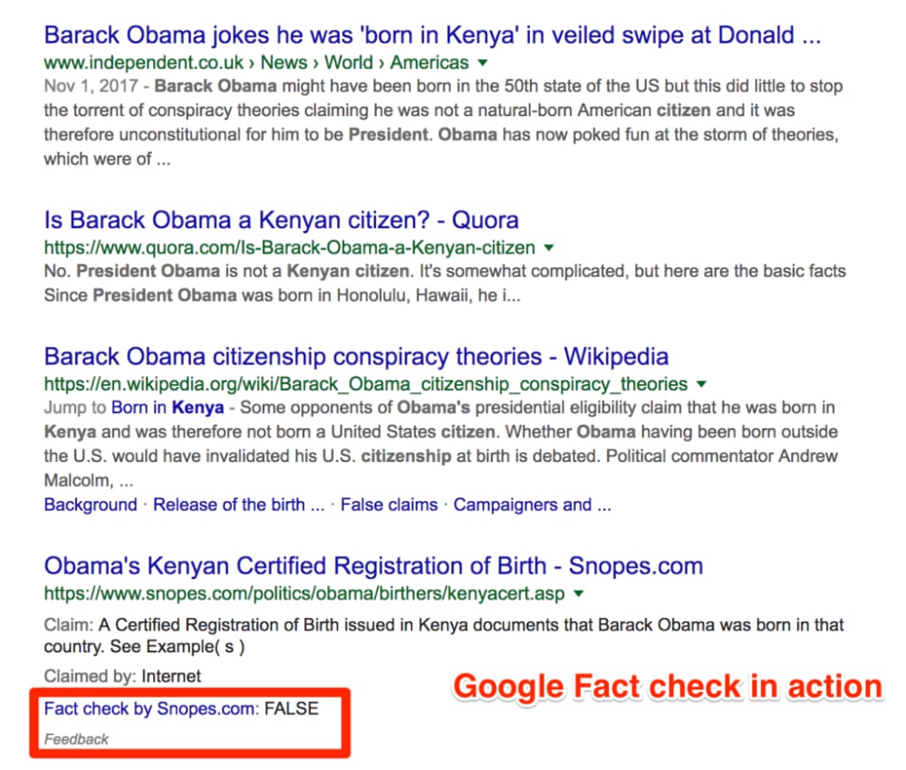 Google Fact check in action