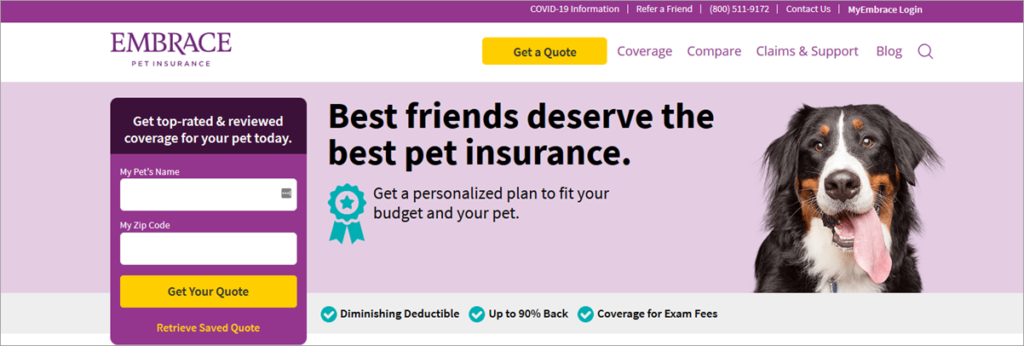 Embrace Pet Insurance Homepage Screenshot