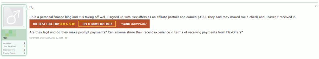 The next set of complaints covers some of the same territory – withheld affiliate commissions, and a pretty dim view of FlexOffers’ customer support and ticketing systems.