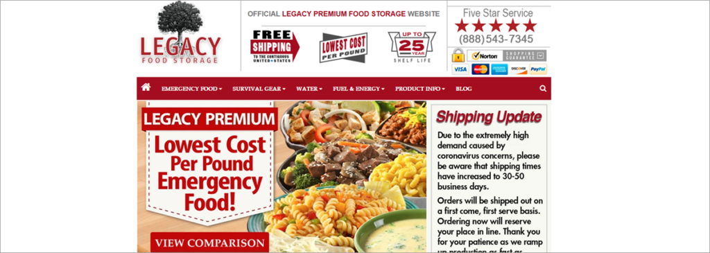 Legacy Food Storage Homepage Screenshot