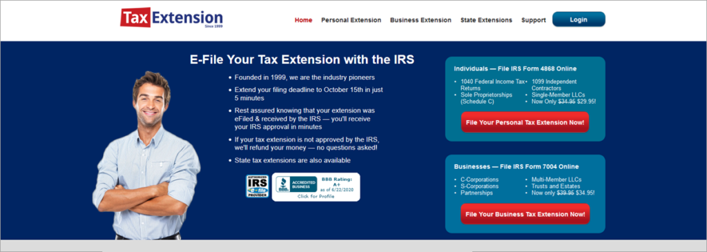 Tax Extension Homepage Screenshot