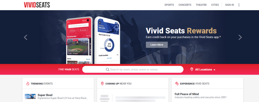Vivid Seats Homepage Screenshot