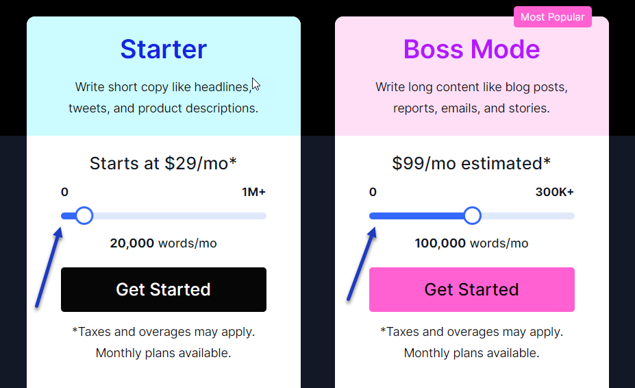 Pricing Sliders