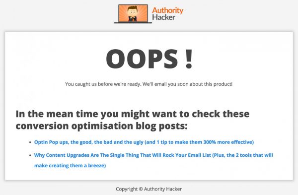 Oops_-_Authority_Hacker Oops page on Authority Hacker when testing product ideas.